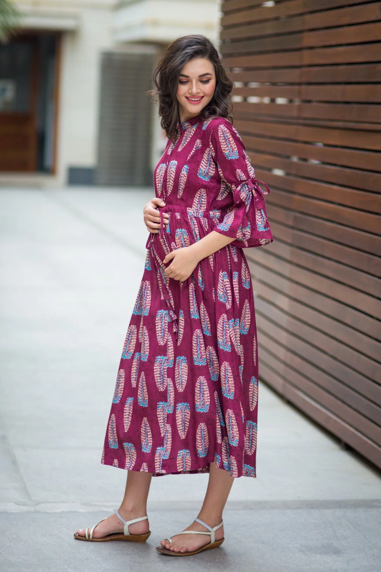 Leafy Wine Boho Maternity & Nursing Dress