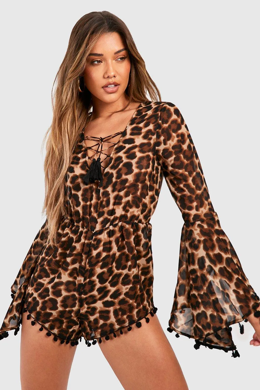 Leopard Chiffon Lace Up Flared Sleeve Beach Romper