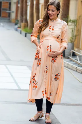 Loom Peach Floral Maternity and Nursing Kurta