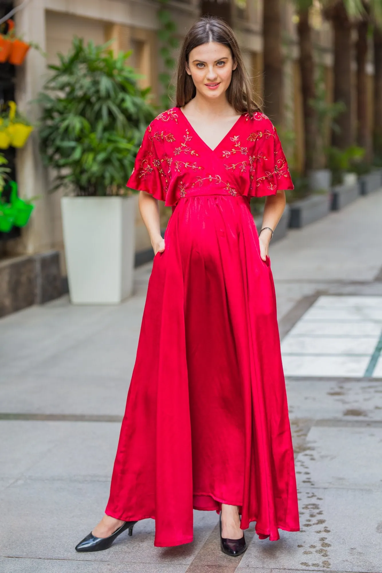 Luxe Blush Red Maternity & Nursing Dress