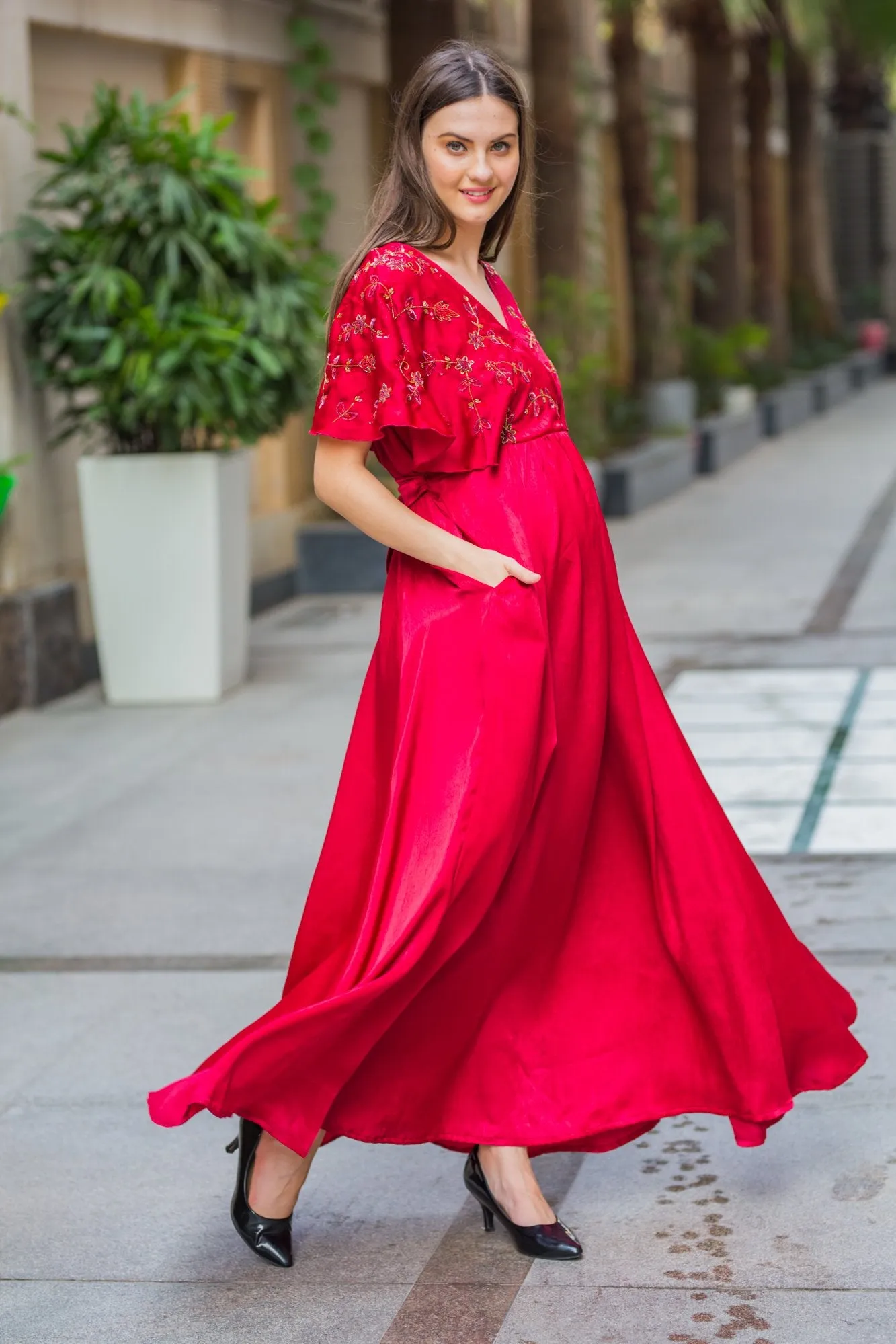 Luxe Blush Red Maternity & Nursing Dress