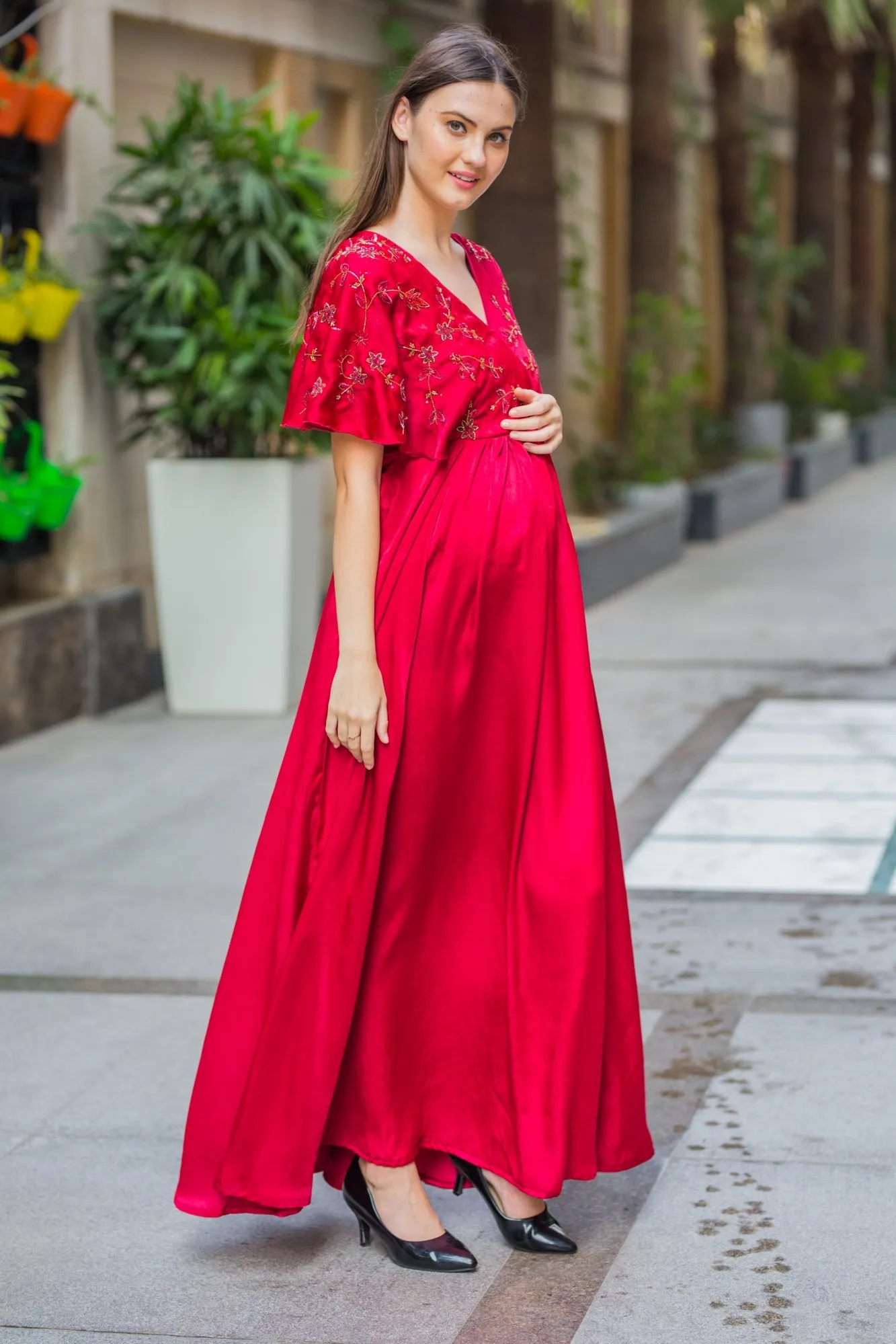 Luxe Blush Red Maternity & Nursing Dress