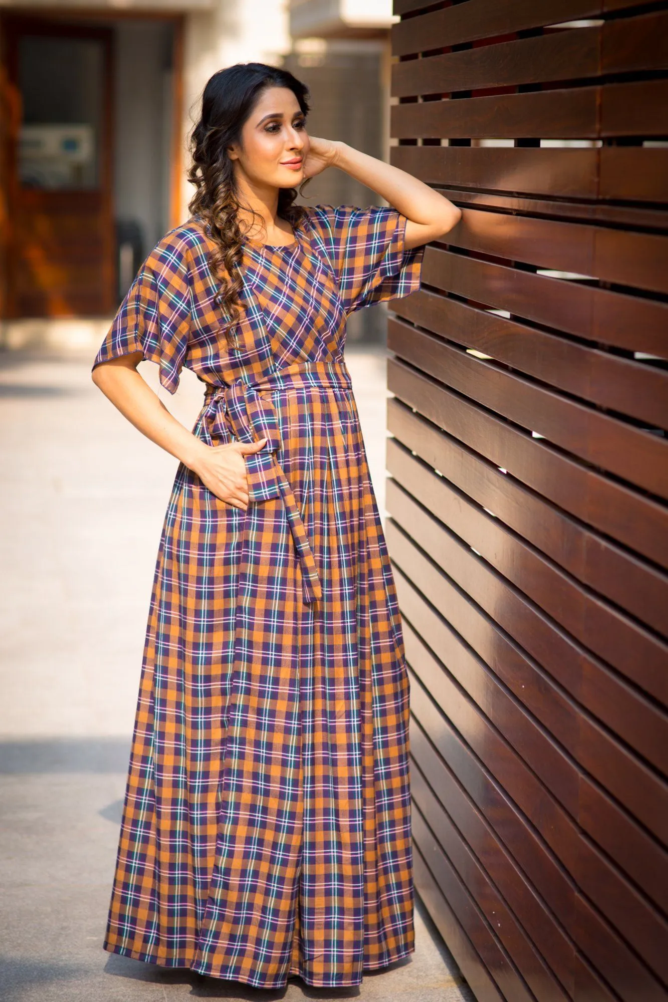 Luxe Chocolate Brown Plaid Maternity & Nursing Maxi