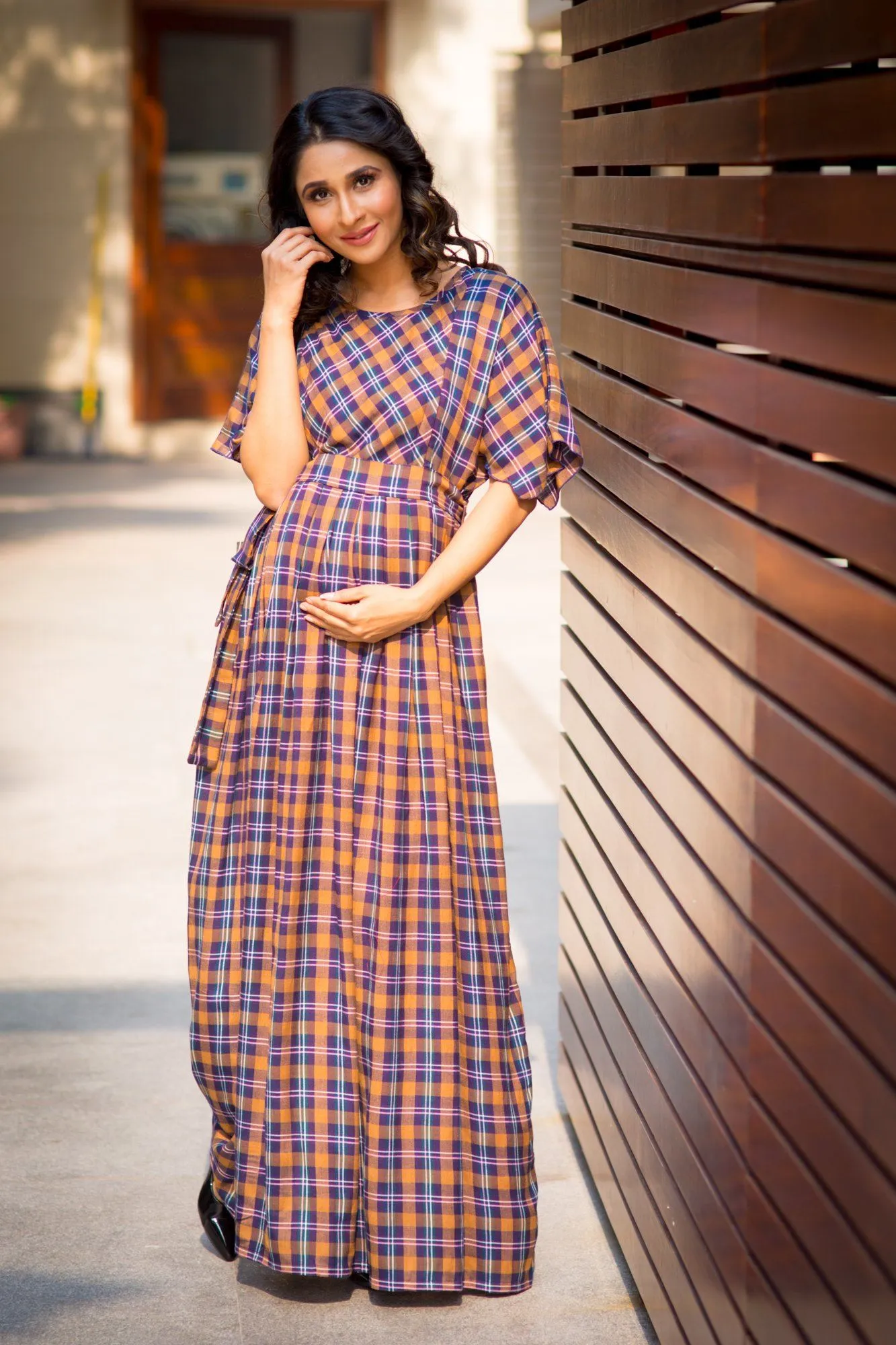 Luxe Chocolate Brown Plaid Maternity & Nursing Maxi