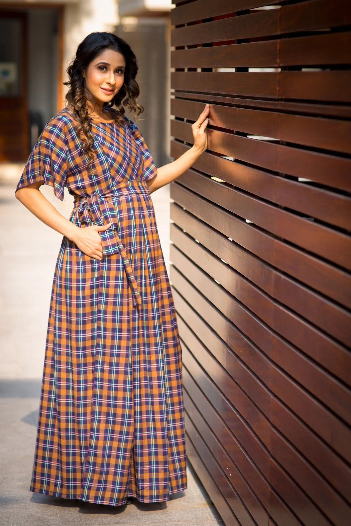 Luxe Chocolate Brown Plaid Maternity & Nursing Maxi