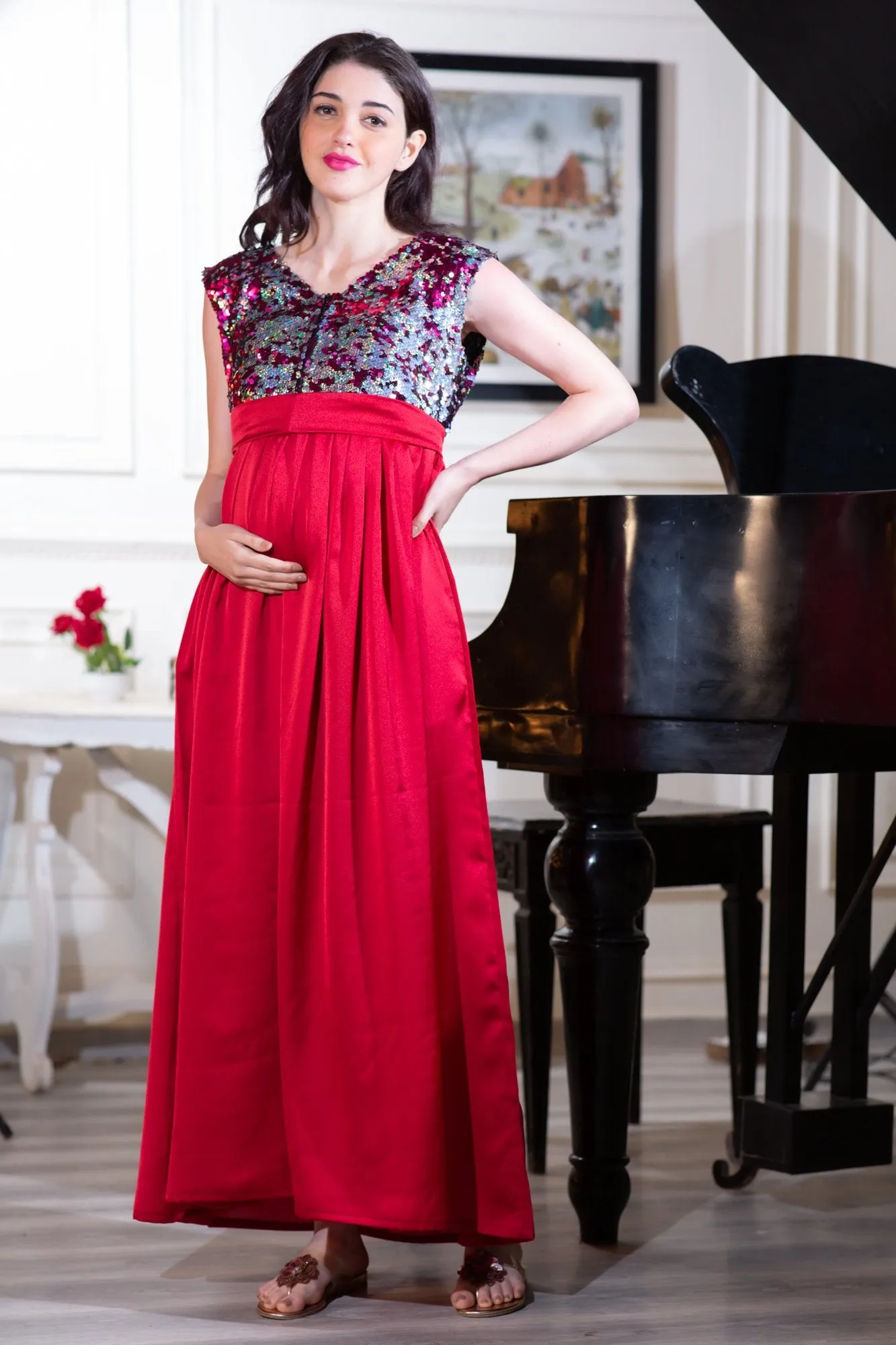 Luxe Red Gold Sequin Maternity & Nursing Dress