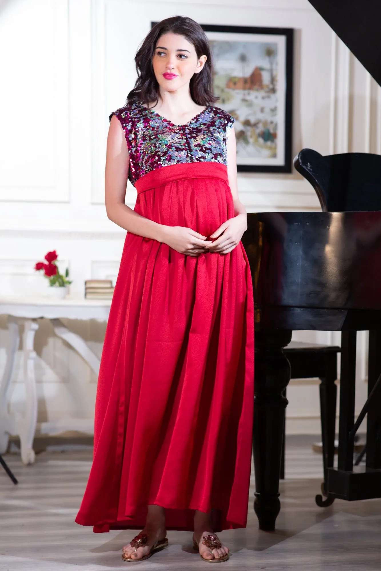 Luxe Red Gold Sequin Maternity & Nursing Dress