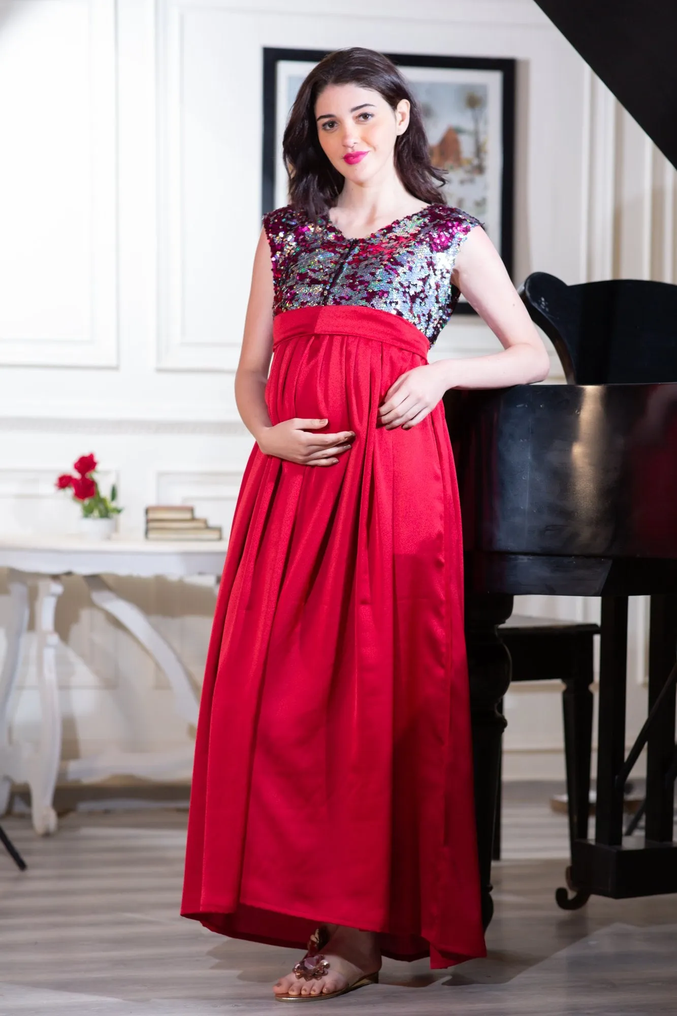 Luxe Red Gold Sequin Maternity & Nursing Dress