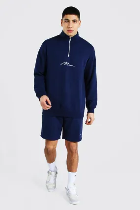 Man Signature Half Zip Short Tracksuit | boohooMAN UK