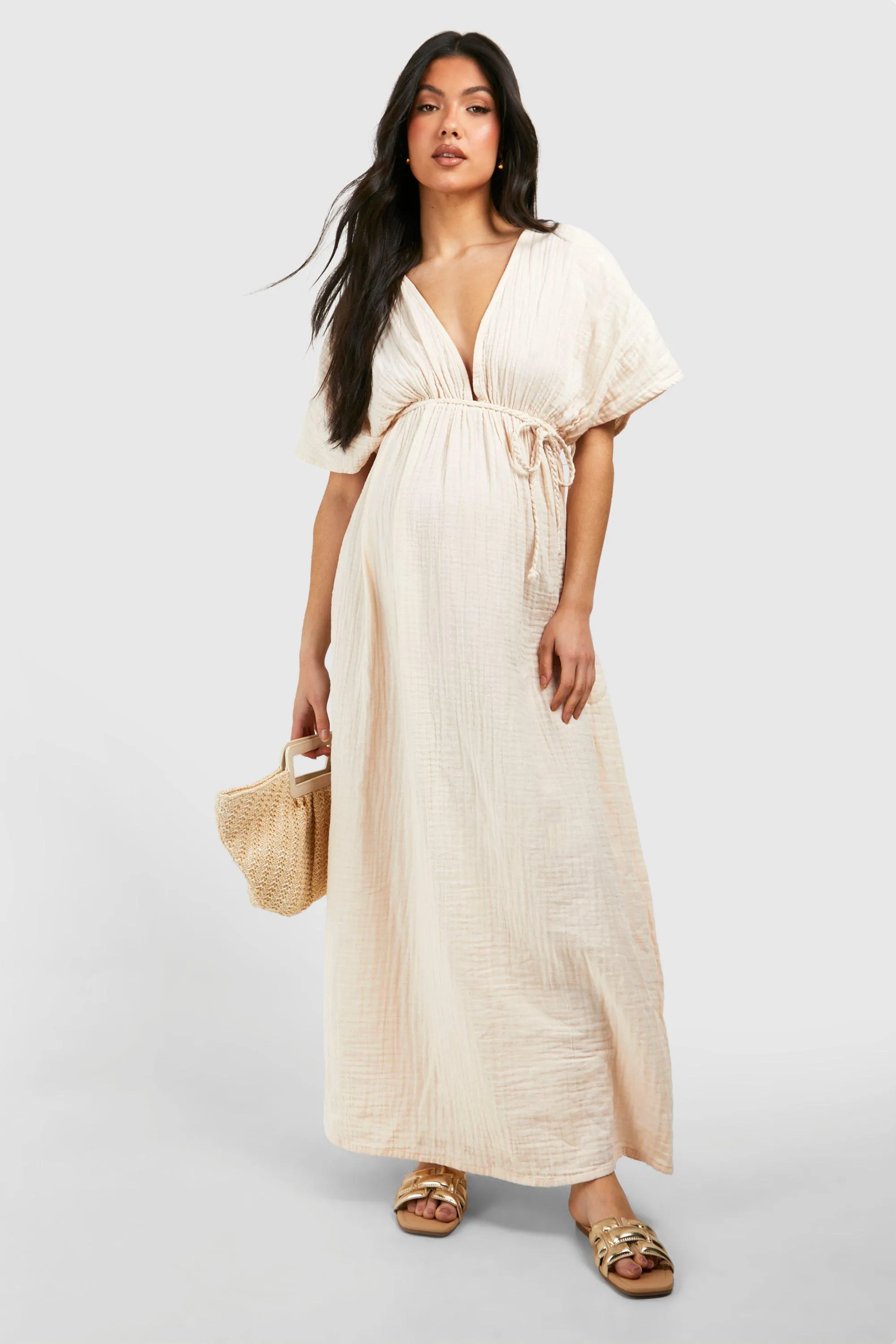 Maternity Cheesecloth Belted Maxi Beach Dress