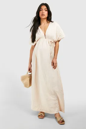 Maternity Cheesecloth Belted Maxi Beach Dress