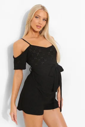 Maternity Cold Shoulder Eyelet Romper