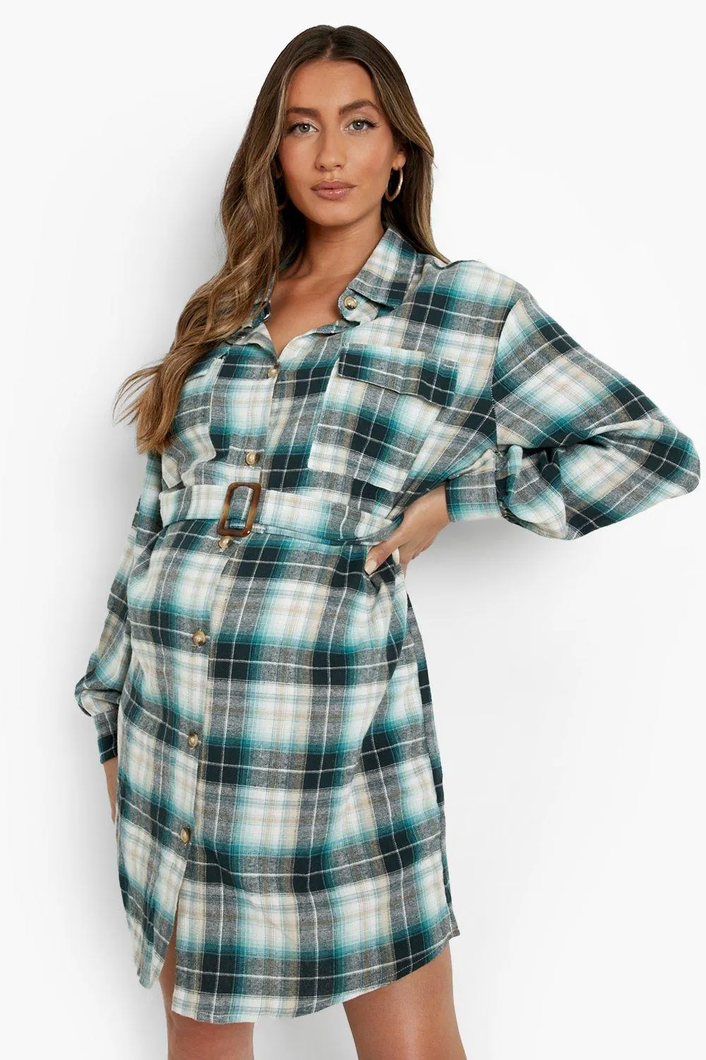 Maternity Flannel Belted Shirt Dress