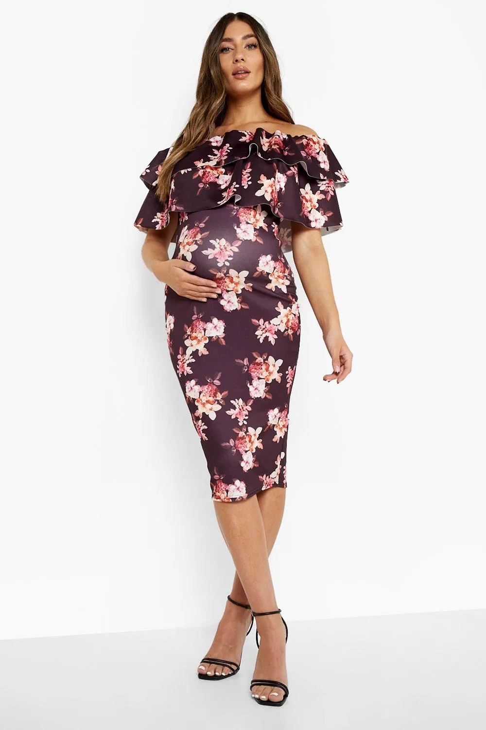 Maternity Floral Ruffle Off  Shoulder Dress