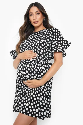 Maternity Frill Sleeve Polka Dot Smock Dress