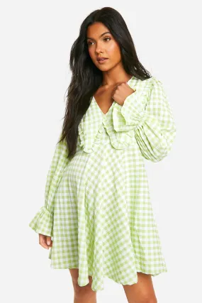 Maternity Gingham Collared Puff Sleeve Smock Dress