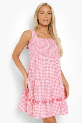 Maternity Gingham Pompom Smock Dress