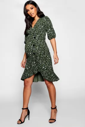 Maternity Leopard Horn Button Frill Midi Dress