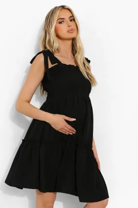 Maternity Linen Frill Shirred Smock Dress