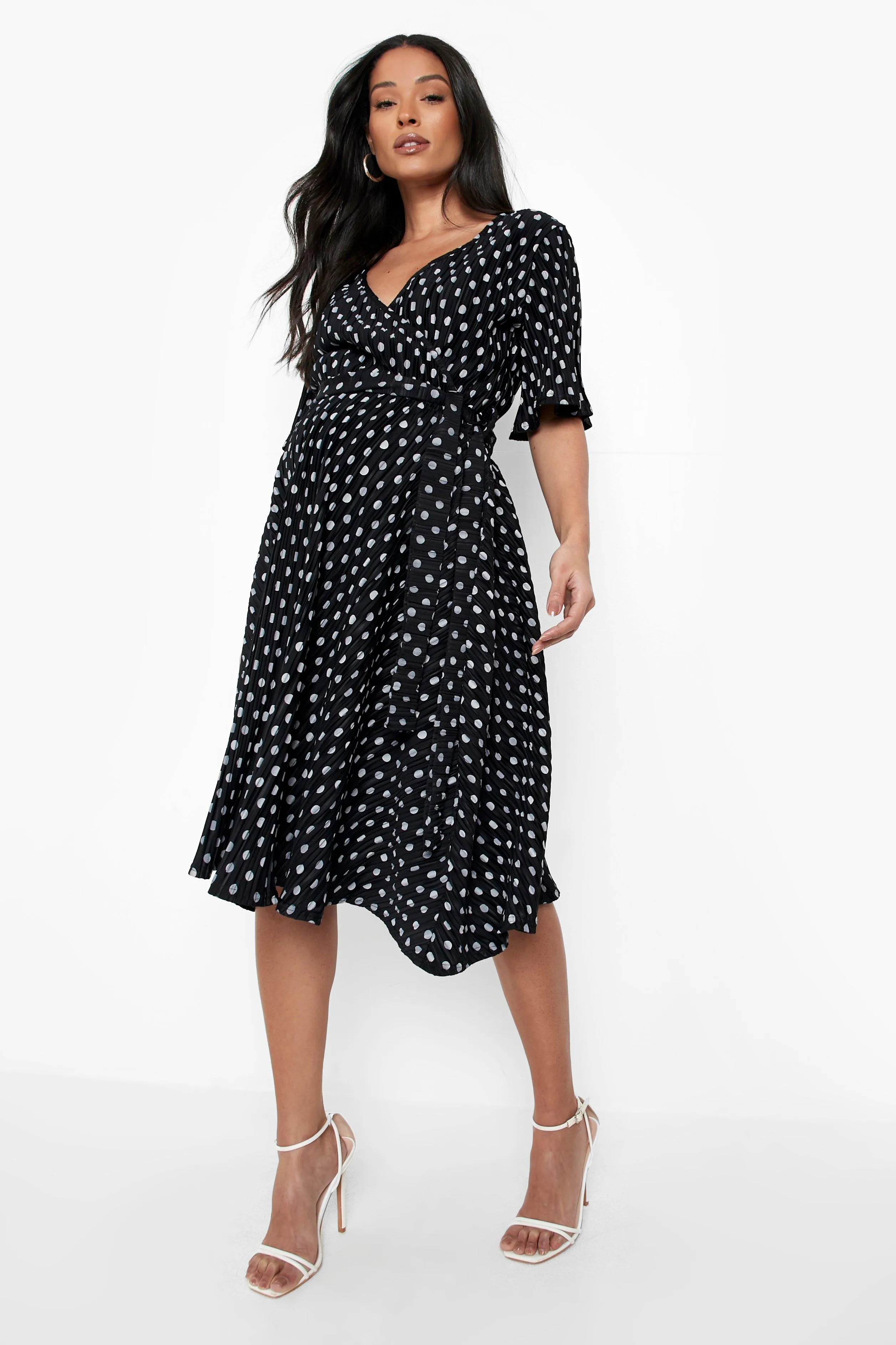 Maternity Plisse Polka Dot Midi Dress