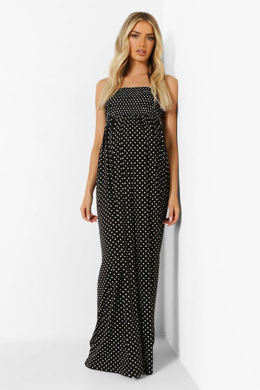 Maternity Polka Dot Shirred Maxi Dress