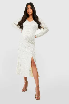 Maternity Sequin V Neck Midi Dress