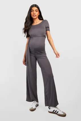 Maternity Short Sleeve Rib Tie Waist Jumpsuit