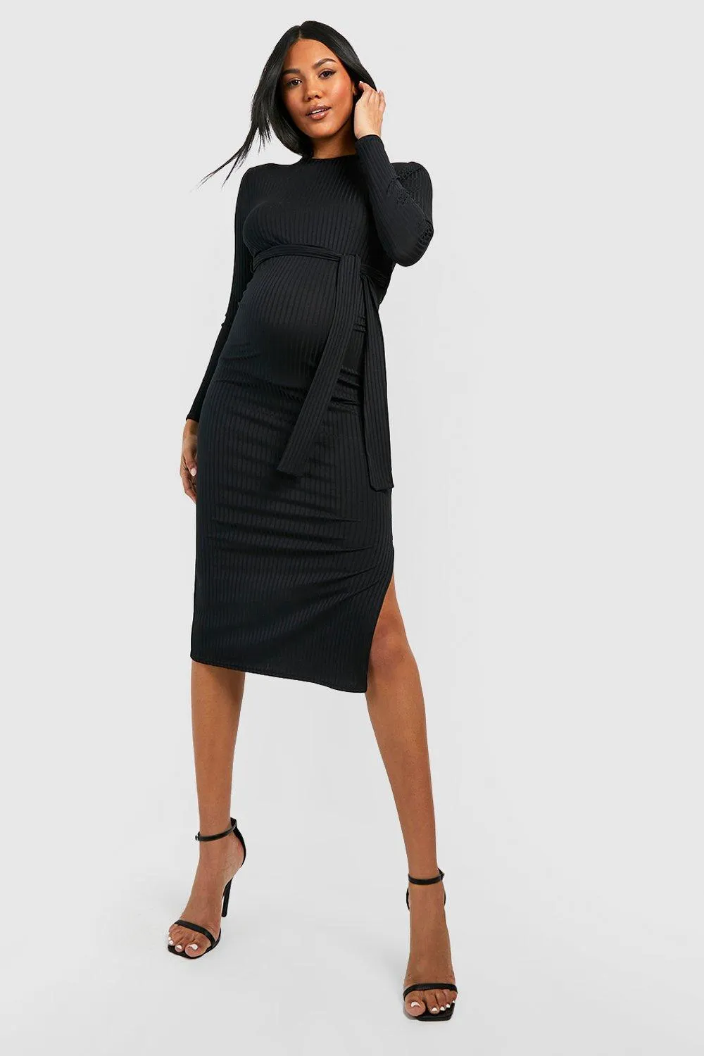 Maternity Soft Rib Belted Split Midi Dress