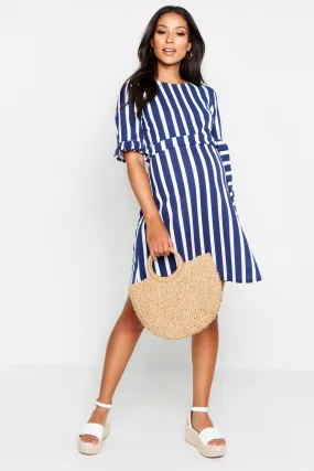 Maternity Stripe Ruffle Smock Dress