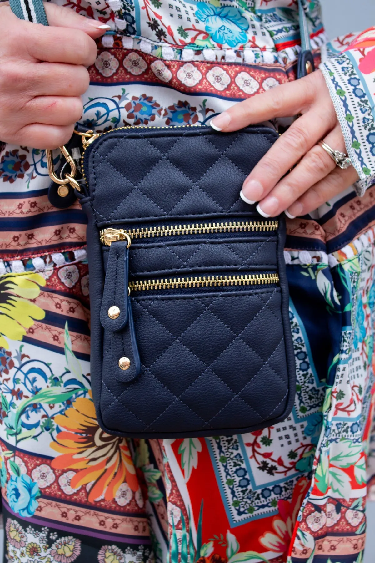 Matte Navy Quilted Cell Phone Cross Body Bag