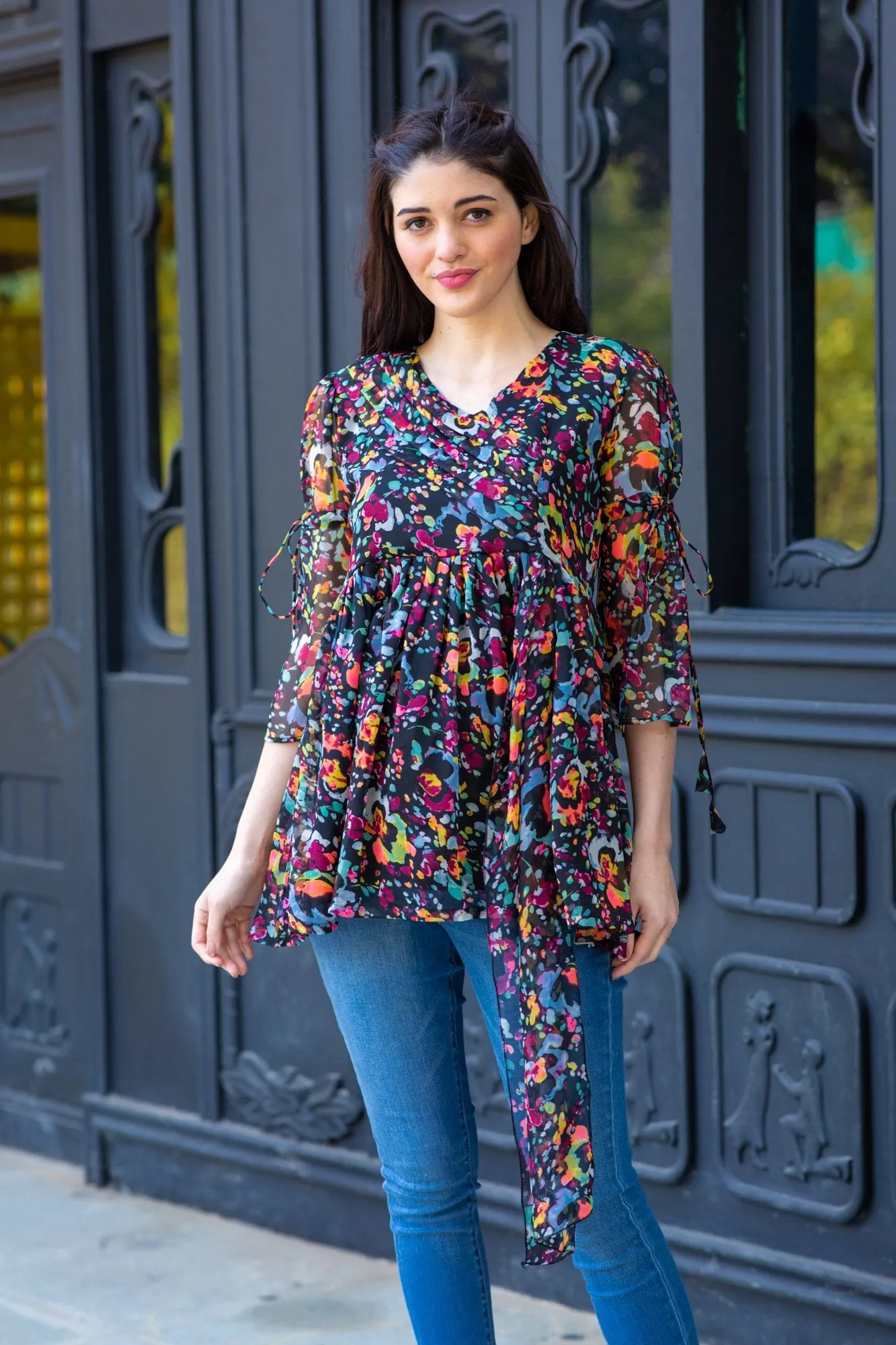 Midnight Bloom Chiffon Gathered Maternity Top