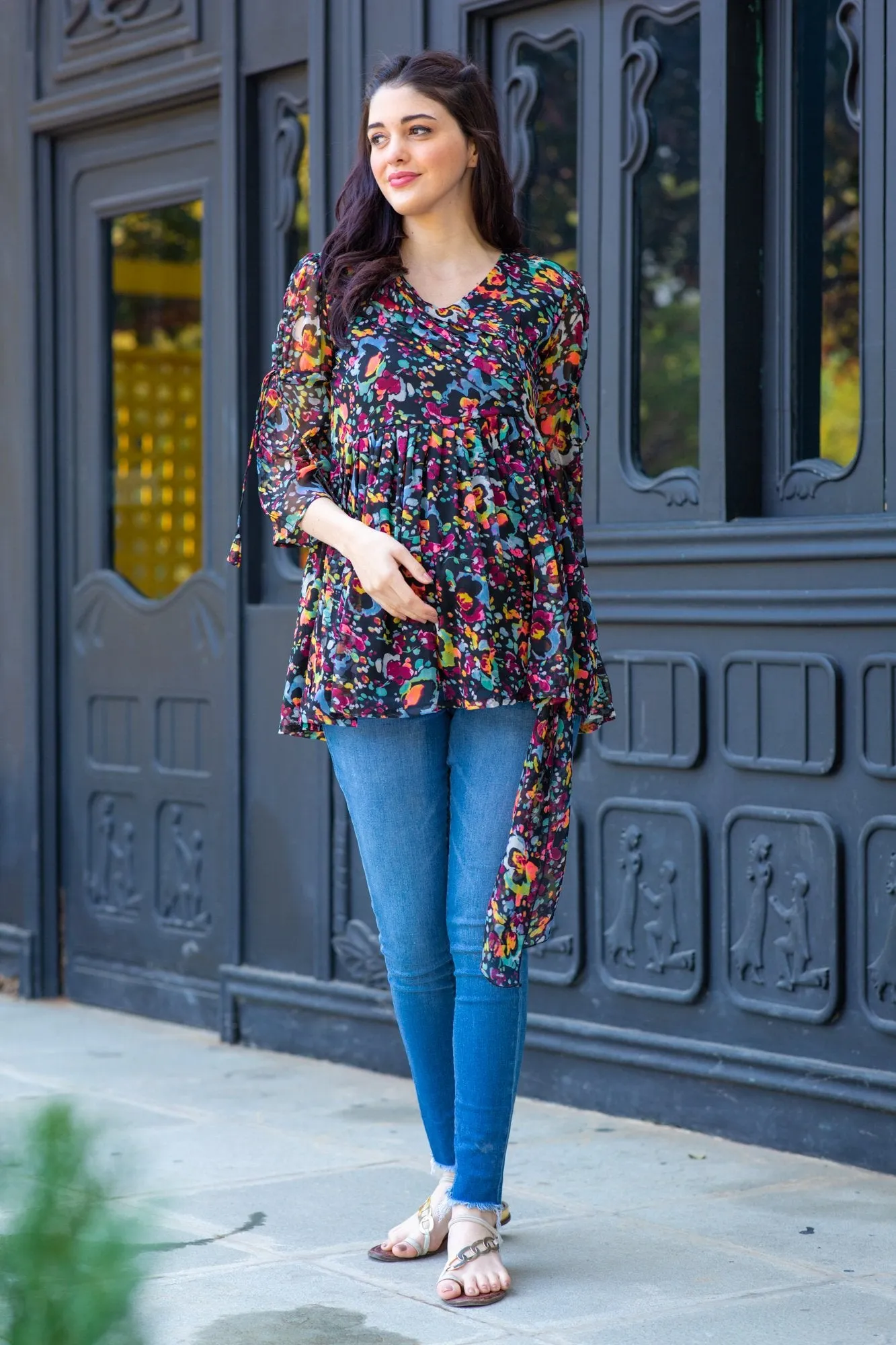 Midnight Bloom Chiffon Gathered Maternity Top