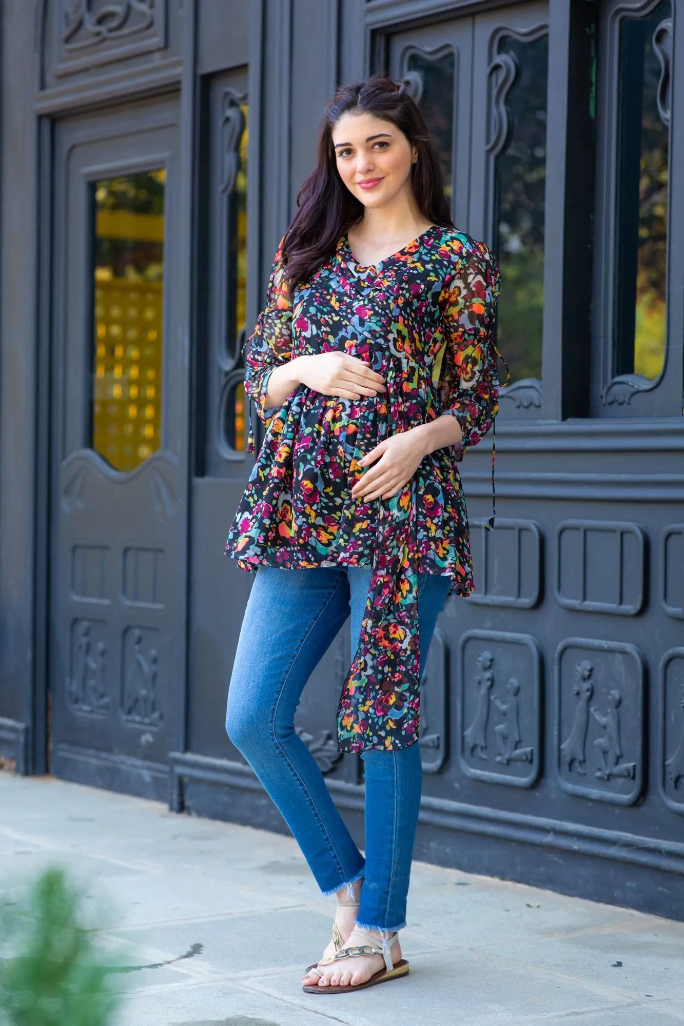 Midnight Bloom Chiffon Gathered Maternity Top