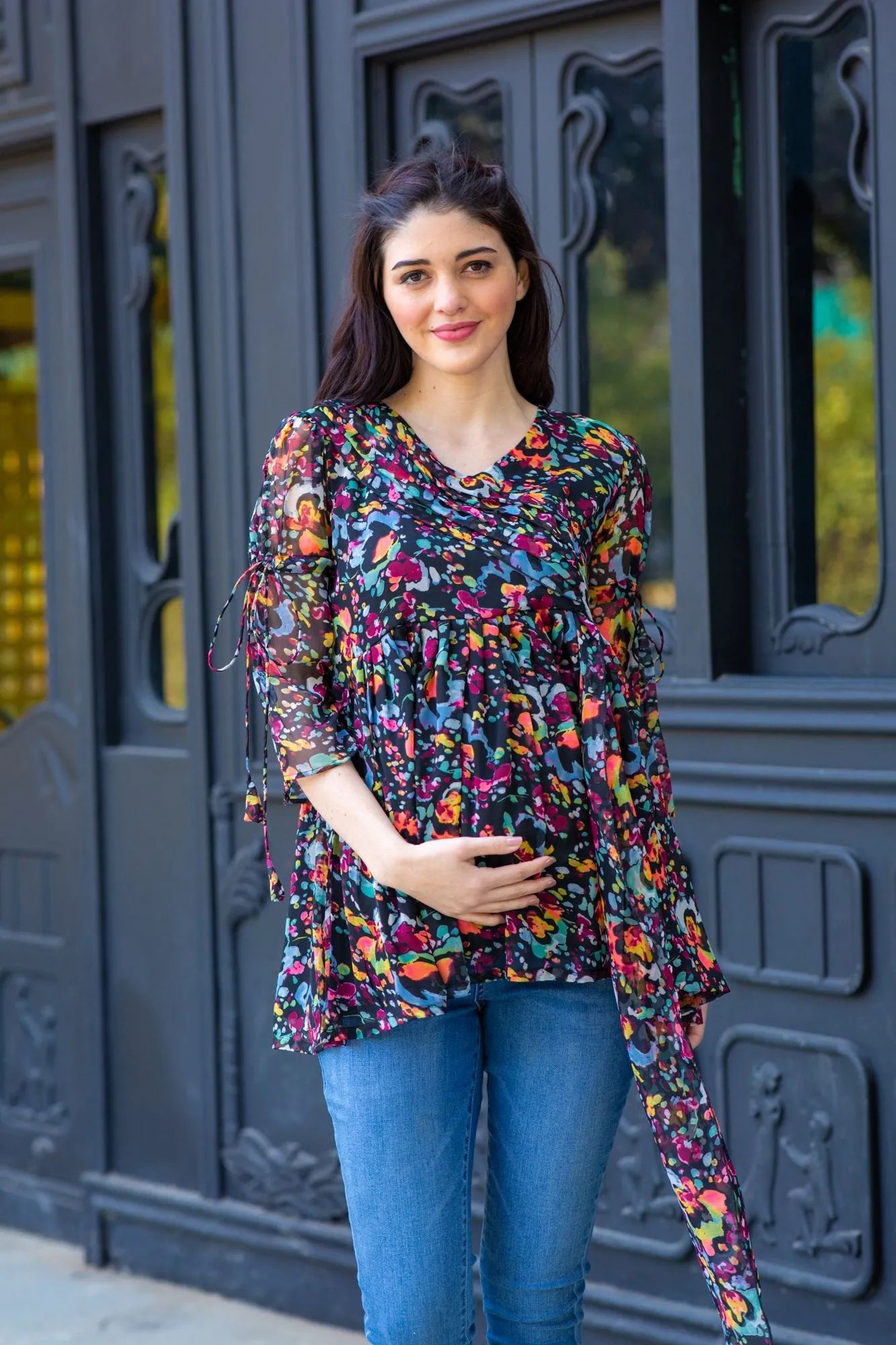 Midnight Bloom Chiffon Gathered Maternity Top