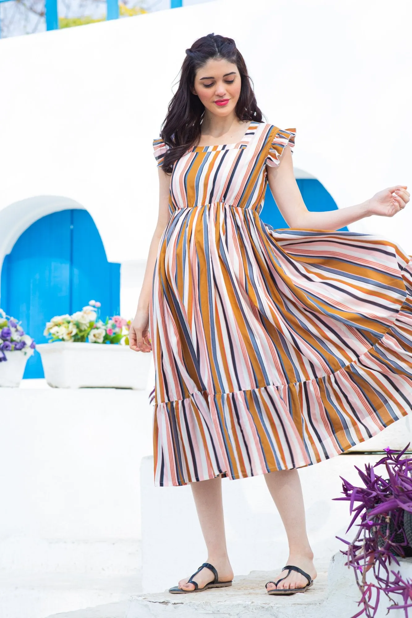 Multi Striped Maternity & Nursing Frill Sleeve Dress