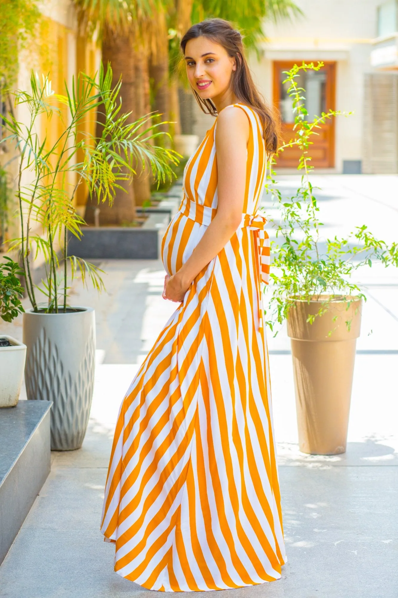 Mustard Striped Maternity & Nursing Dress