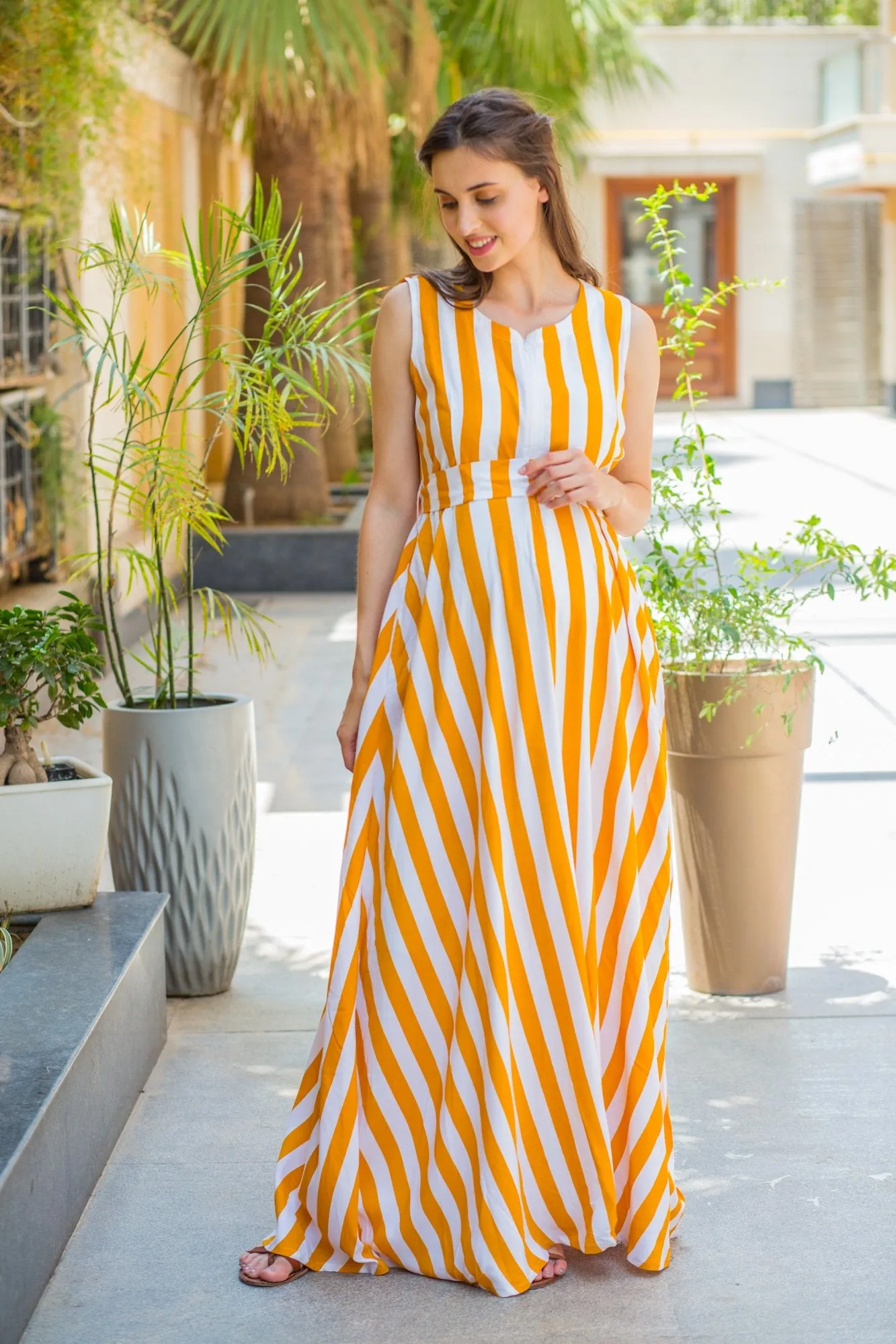 Mustard Striped Maternity & Nursing Dress