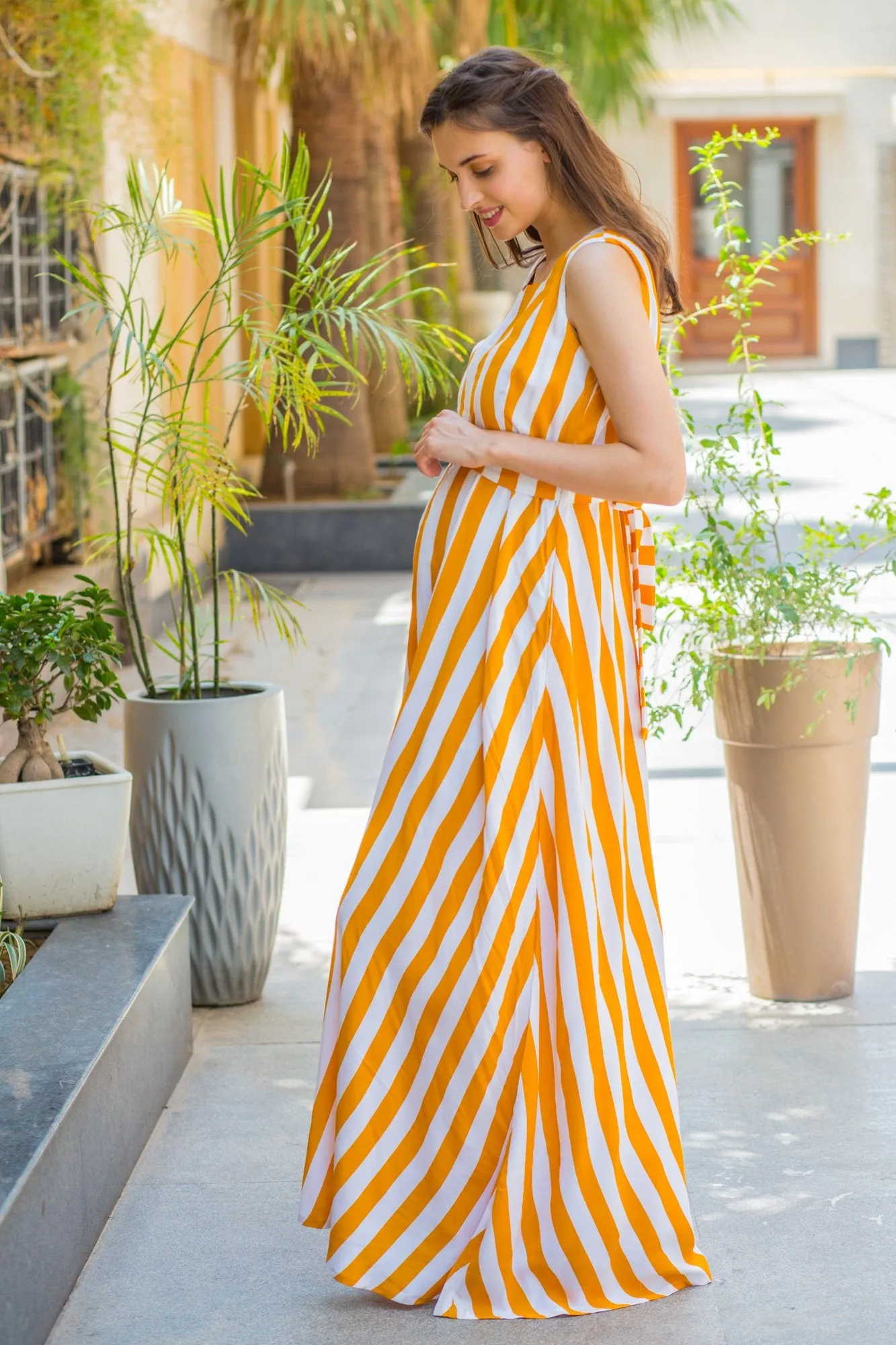 Mustard Striped Maternity & Nursing Dress