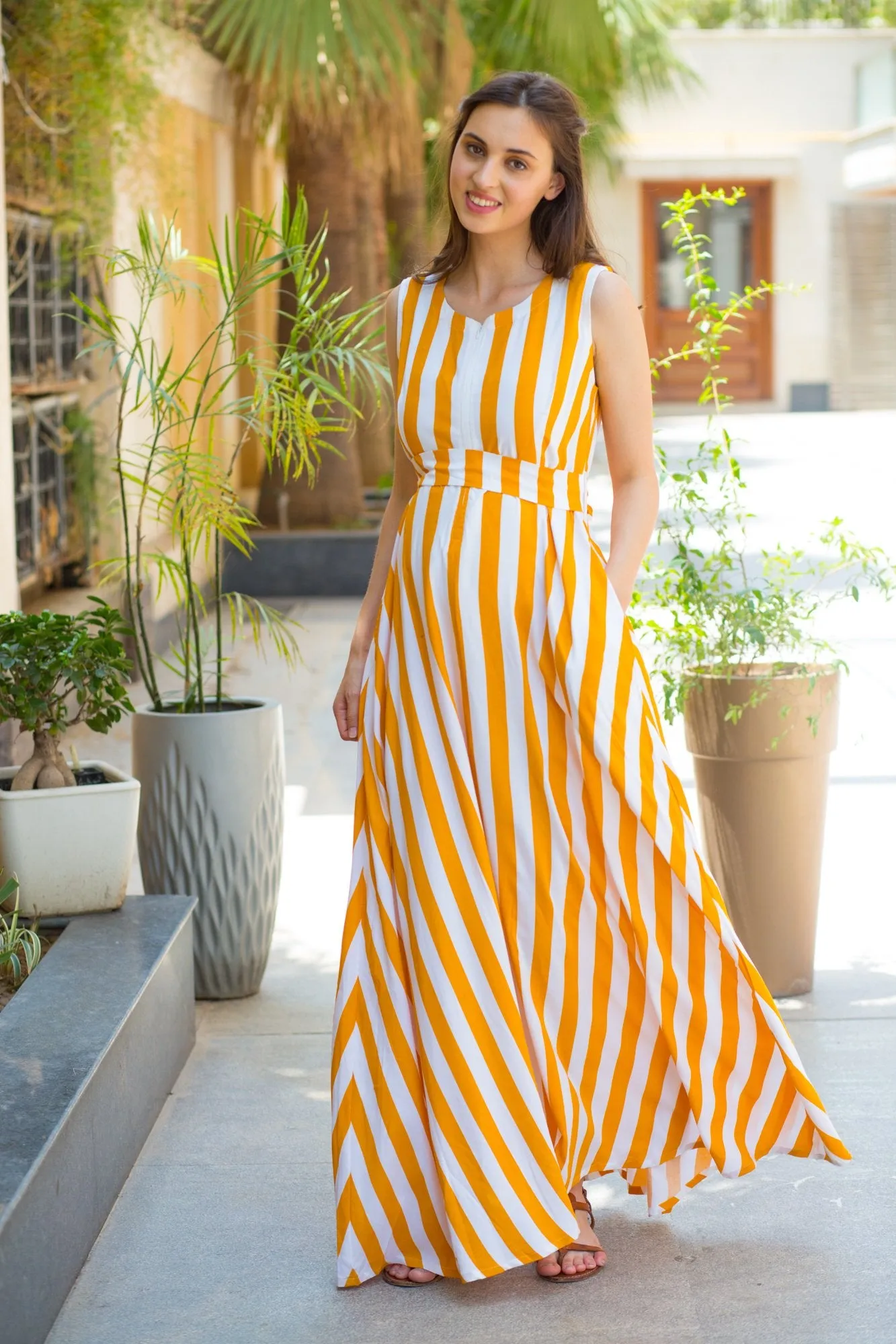 Mustard Striped Maternity & Nursing Dress