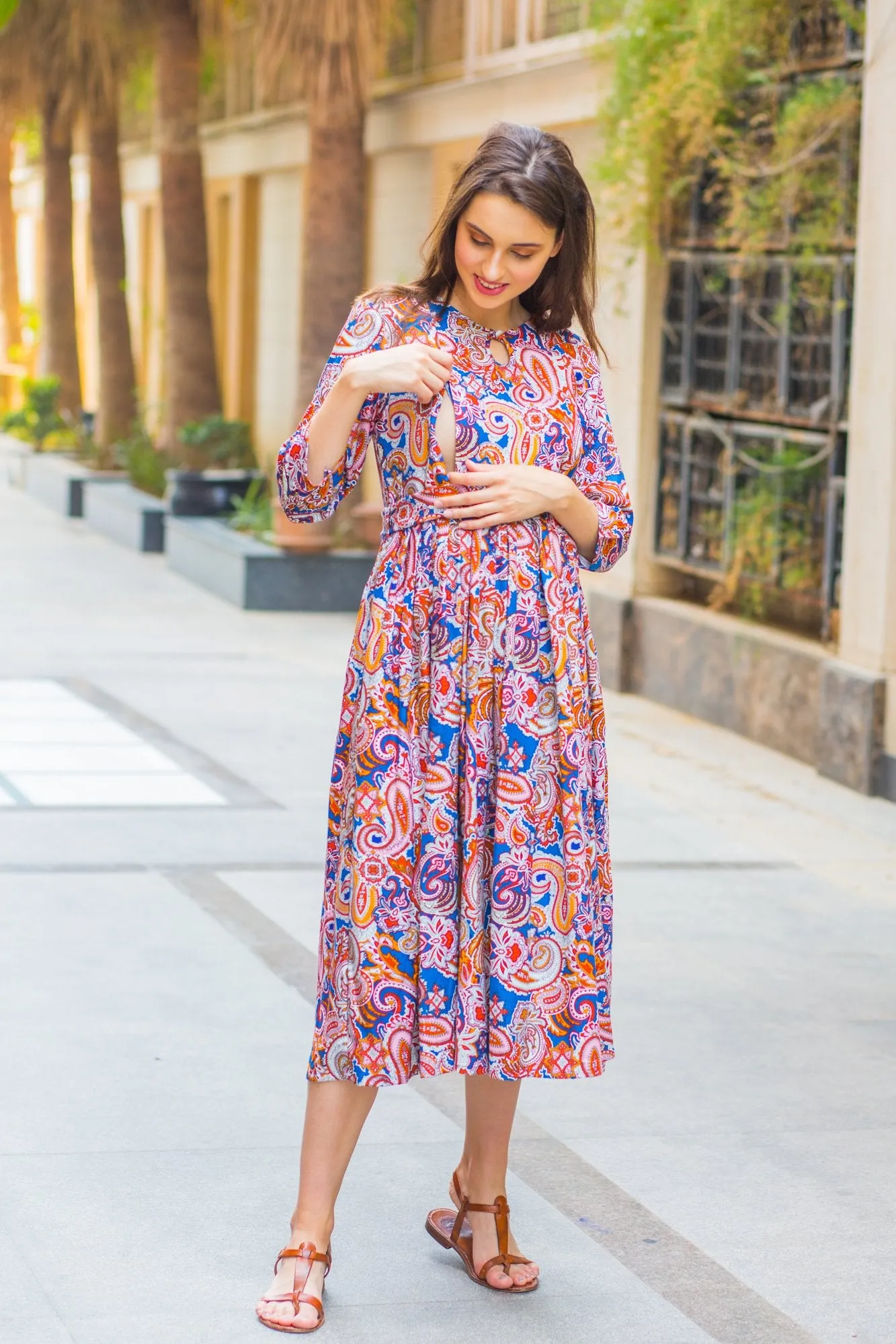 Navy Paisley Maternity & Nursing Concealed Zips Kurta