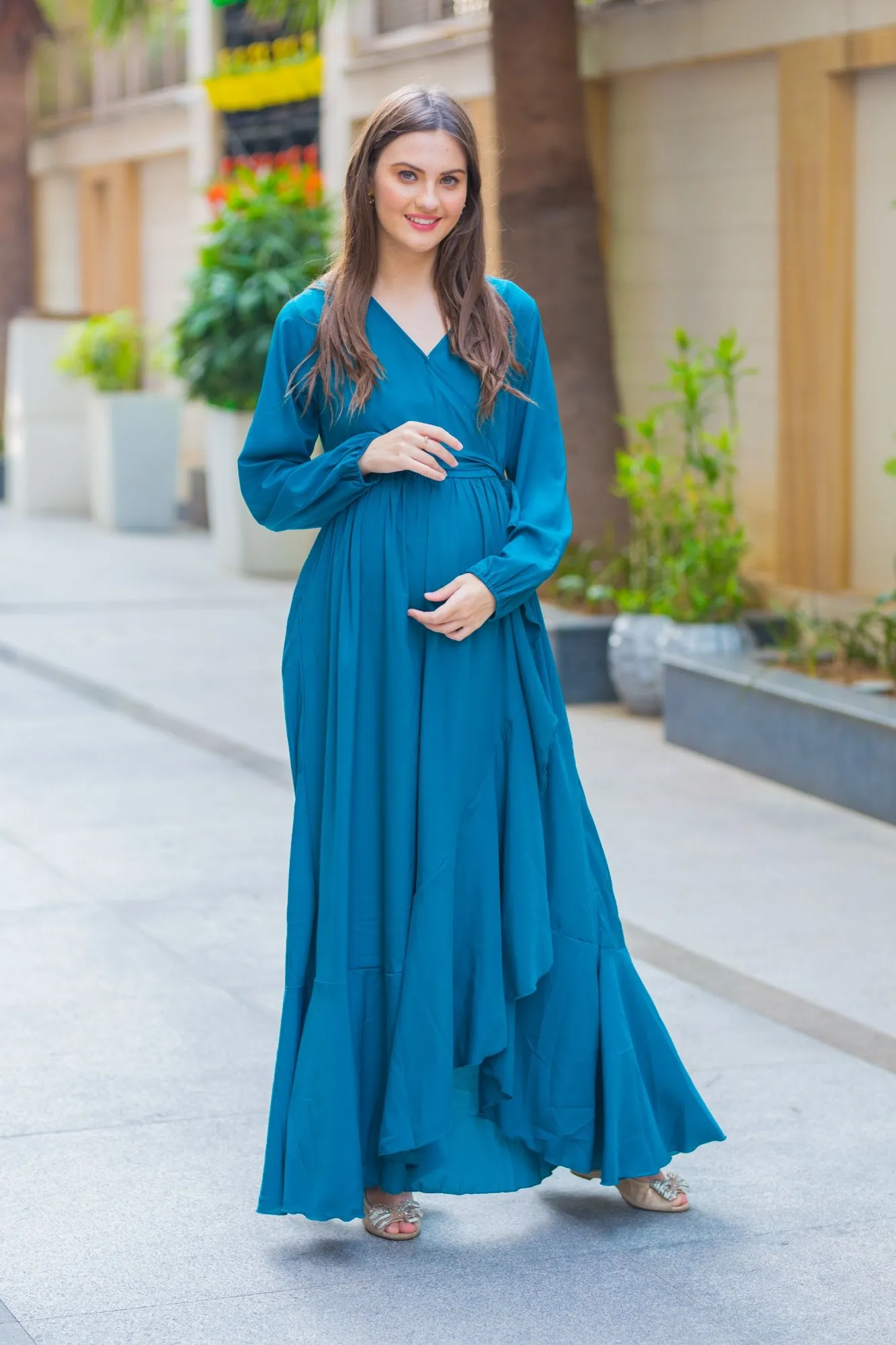 Ocean Blue Frill Maternity & Nursing Dress