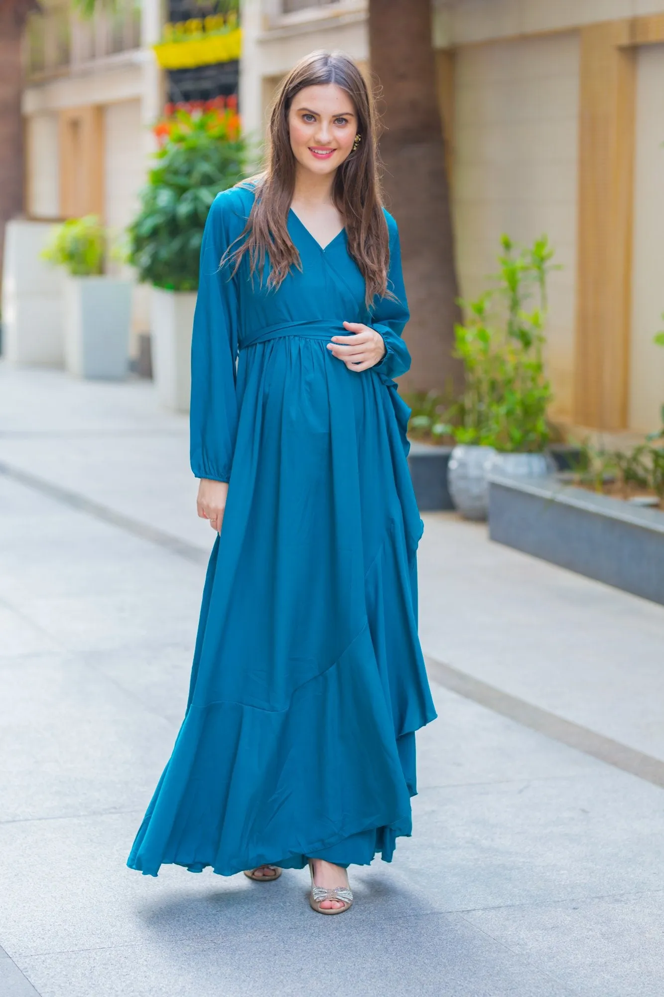 Ocean Blue Frill Maternity & Nursing Dress