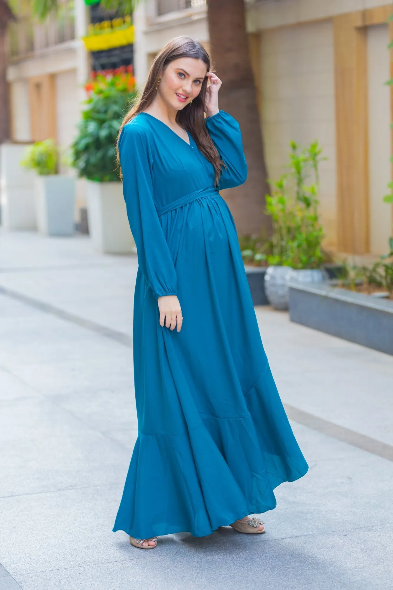 Ocean Blue Frill Maternity & Nursing Dress