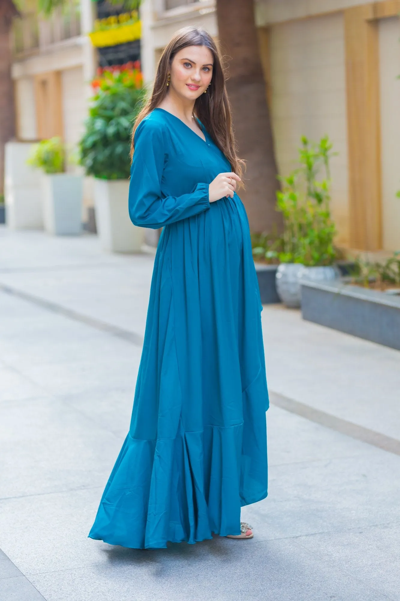 Ocean Blue Frill Maternity & Nursing Dress