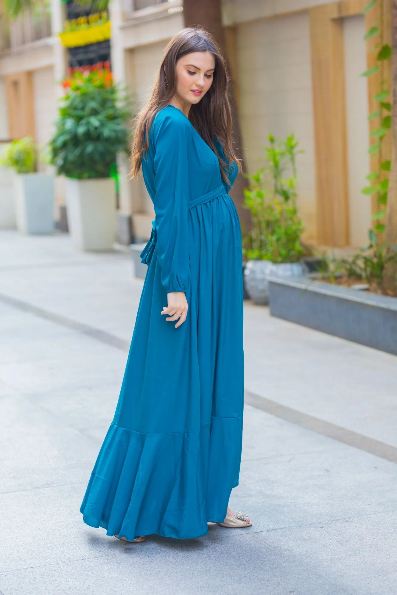 Ocean Blue Frill Maternity & Nursing Dress