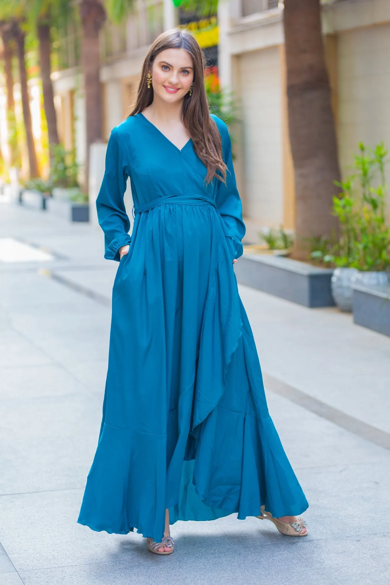 Ocean Blue Frill Maternity & Nursing Dress