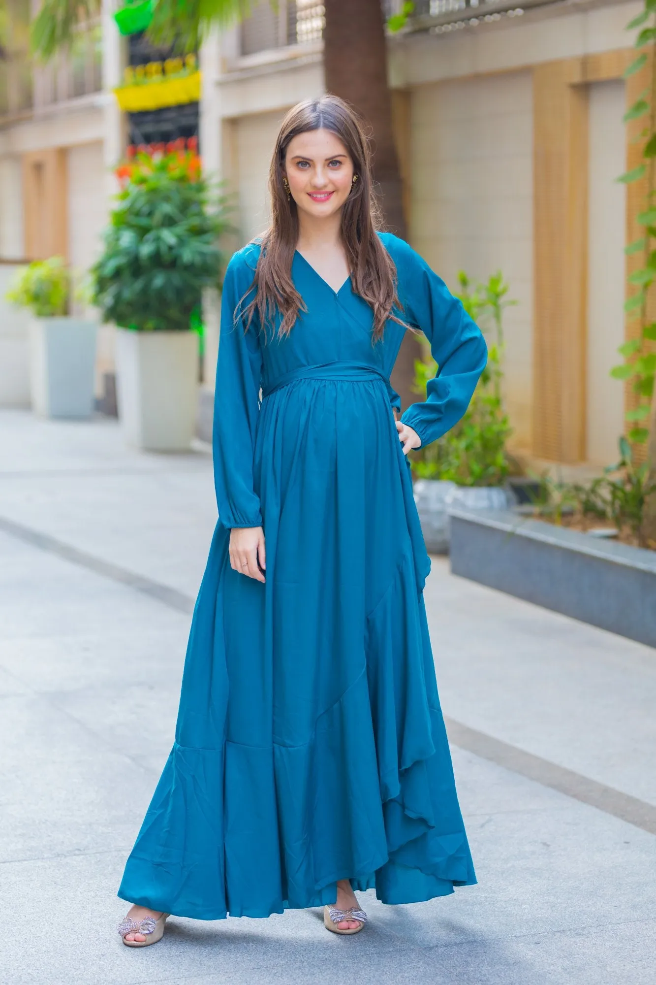 Ocean Blue Frill Maternity & Nursing Dress