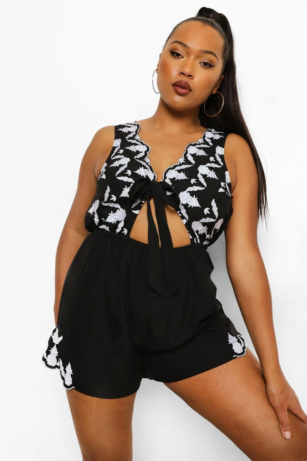 Plus Embroidered Tie Front Romper