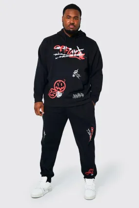 Plus Graffiti Doodle Graphic Hooded Tracksuit | boohooMAN UK