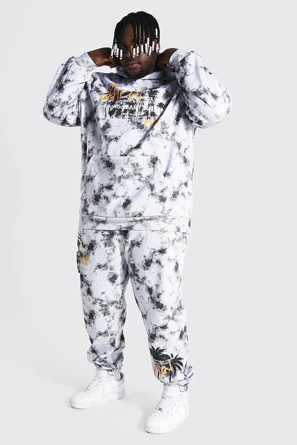 Plus Palm Tree Tie Dye Hooded Tracksuit | boohooMAN UK